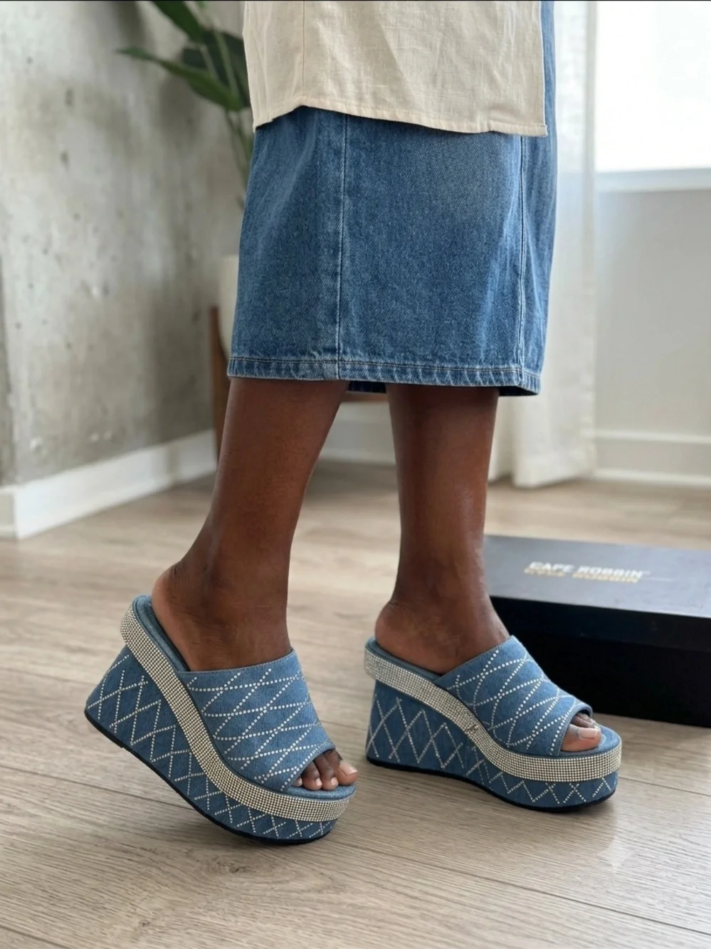Denim Blue Quilted Platform Wedge Slide Sandals - Unbranded